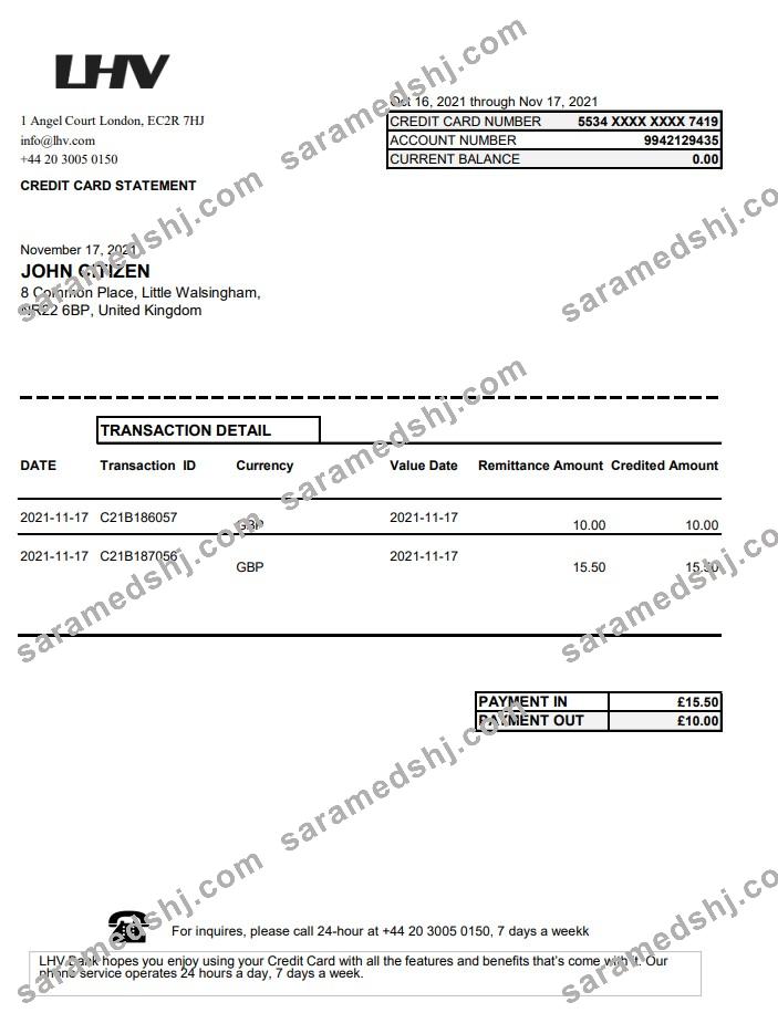 United Kingdom LHV Group bank statement in Excel and PDF format